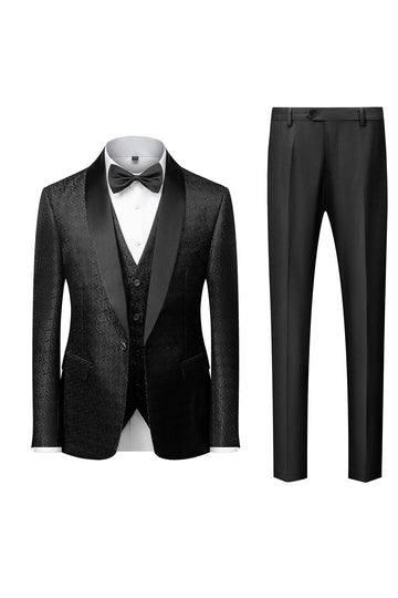Svart Sjal Lapel Jacquard 3 Stycken Kostym Herr